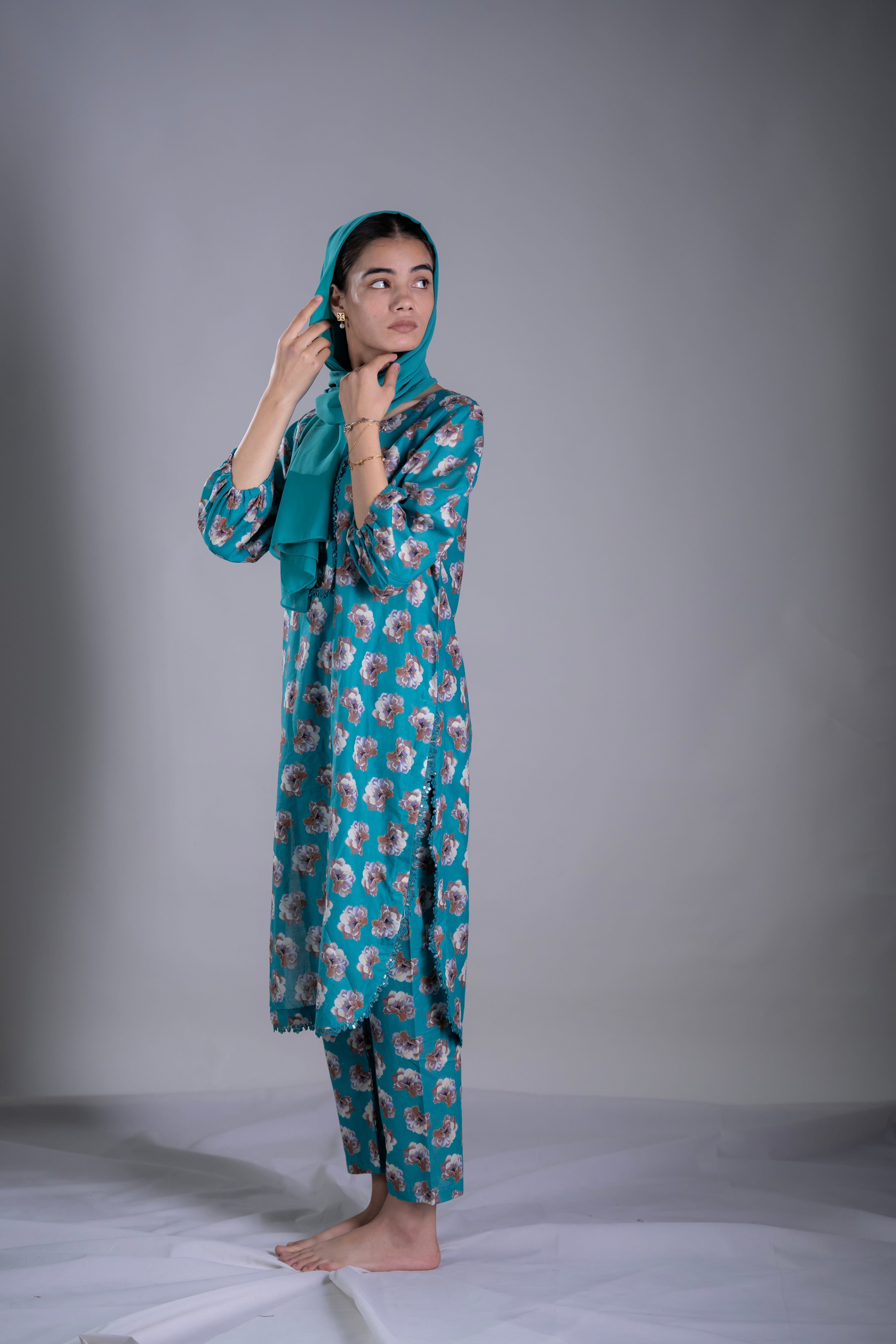 Teal Elegance Floral Lawn Suit